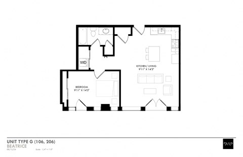 a floor plan for a unit with a bedroom and a living room